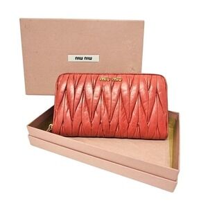 Miu Miu Matelassé Peach/Coral Nappa Leather Long Zip Around Wallet Quilted